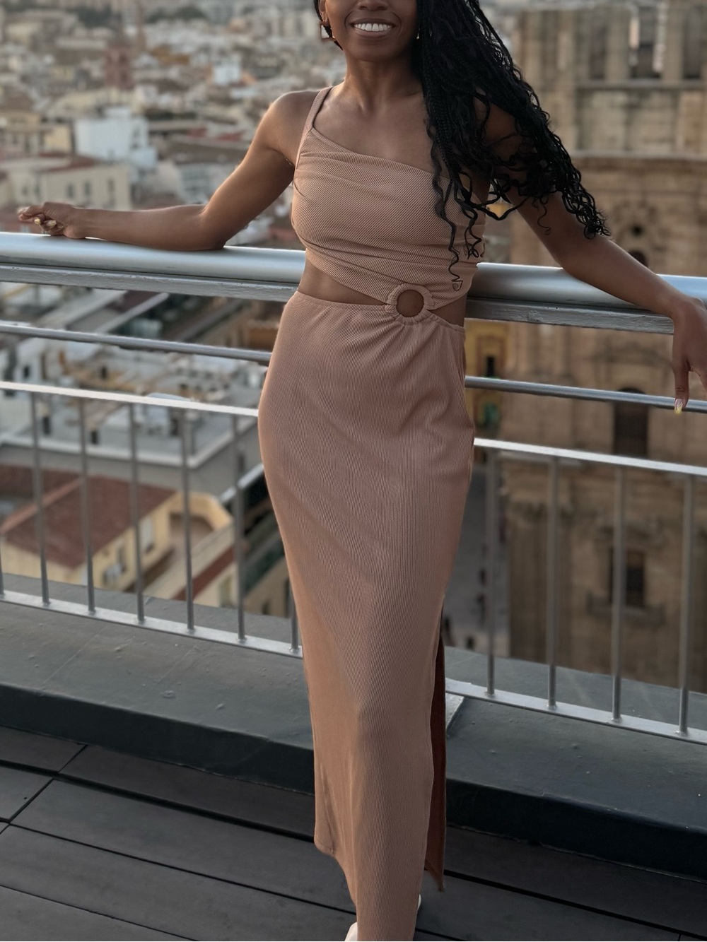 One-Shoulder Cutout Maxi Dress with Ring Detail in Tan